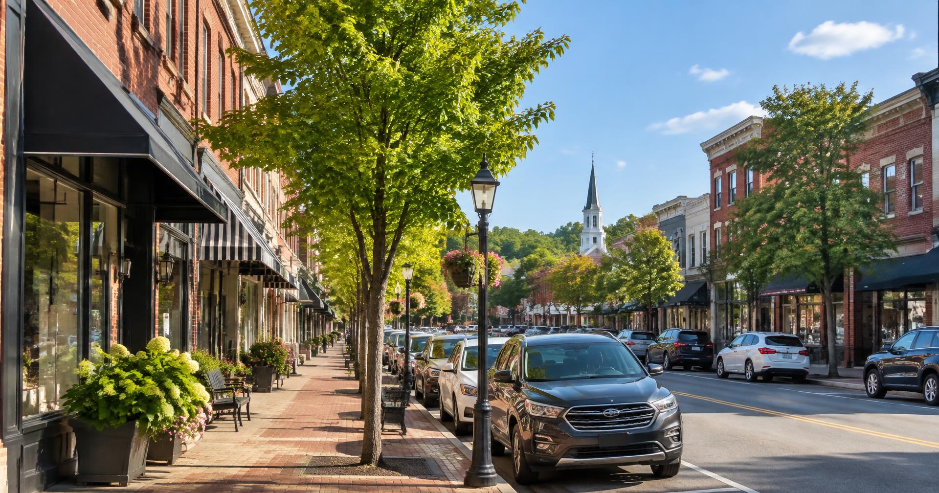 Sunny downtown street of a Union County, New Jersey town