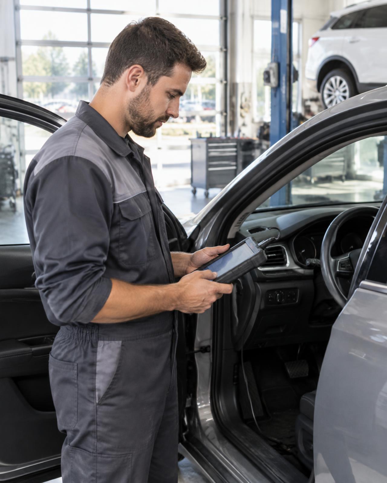 Technician reading a diagnostic scan tool beside the open door of a car
