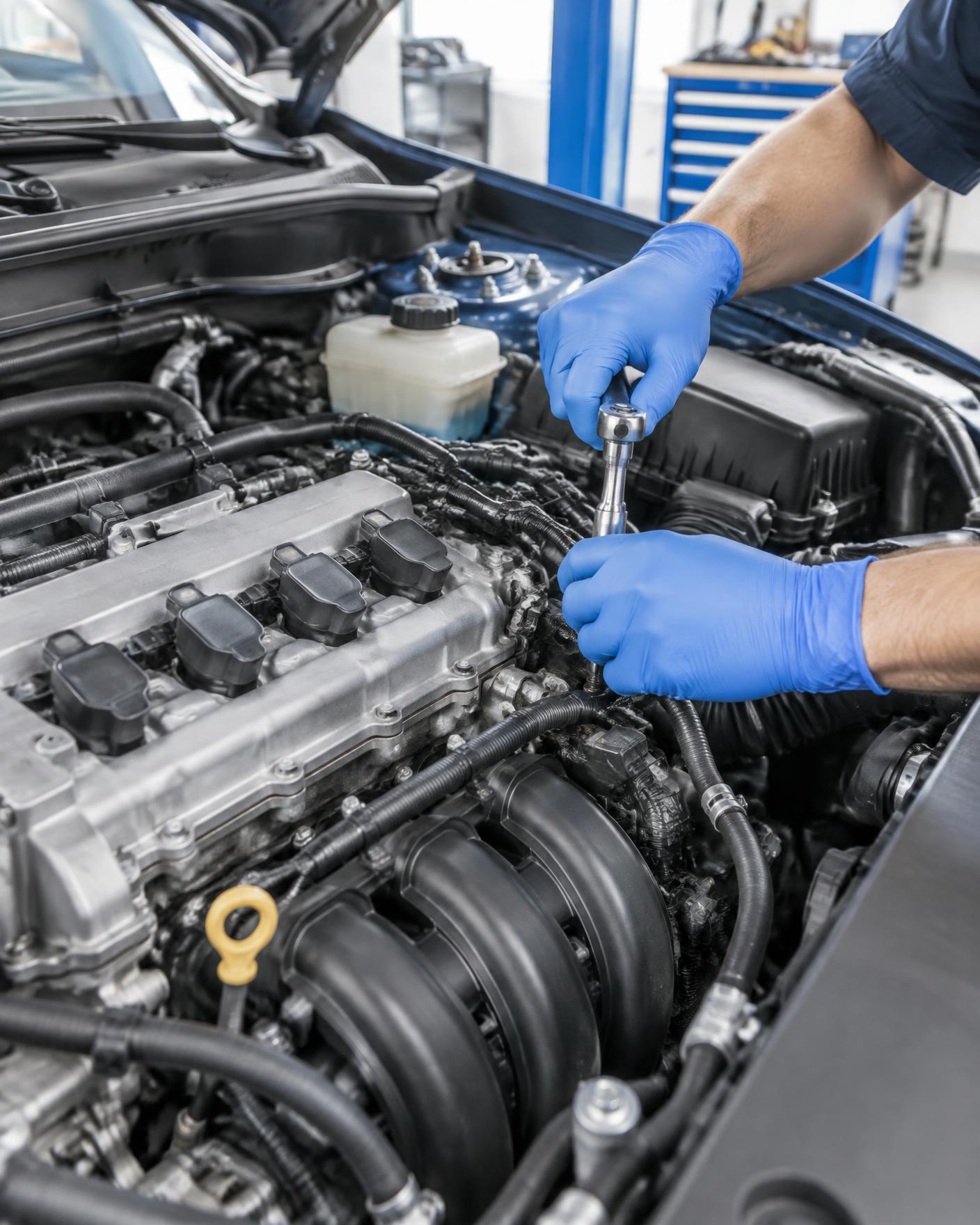Mechanic's gloved hands torquing a fastener inside a Japanese engine bay