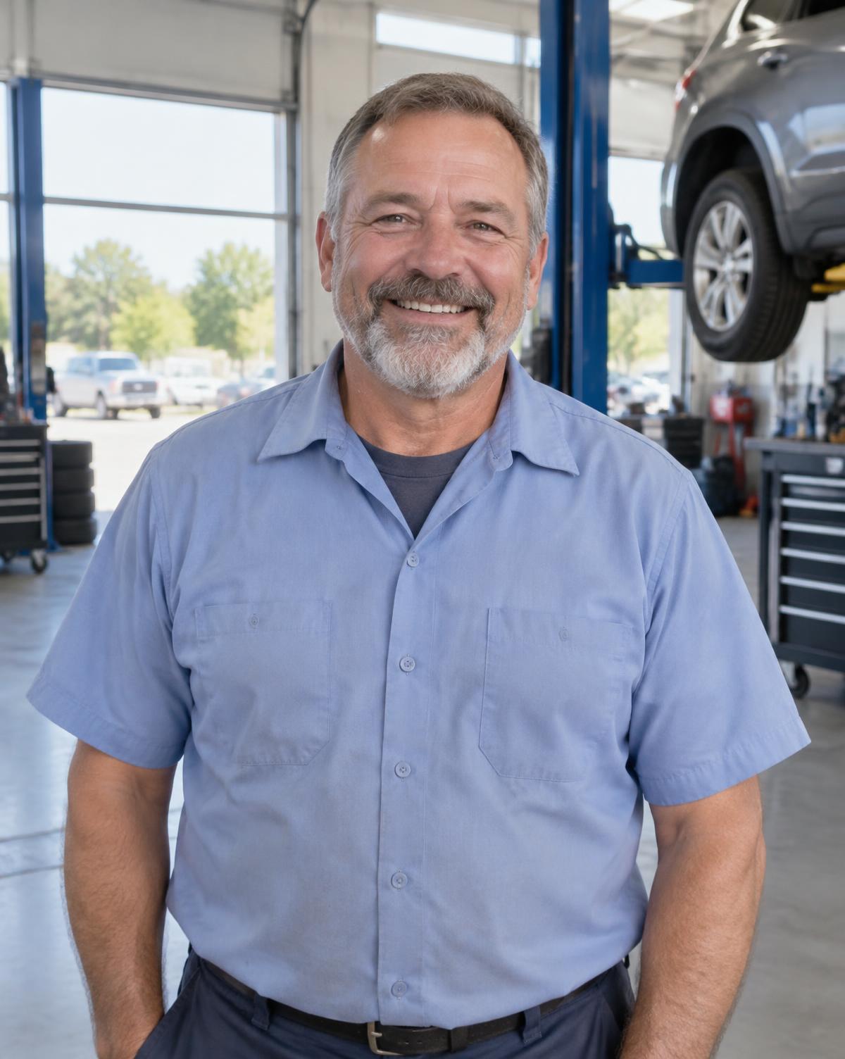 Smiling veteran mechanic standing in the daylit service bay at Carmen's Foreign Car Repair